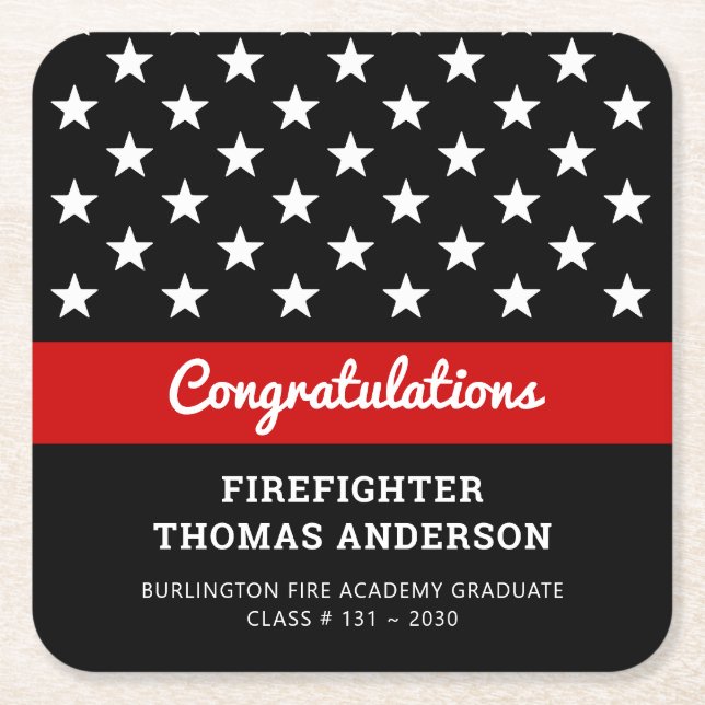Firefighter Graduation Thin Red Line Party Square Paper Coaster (Front)