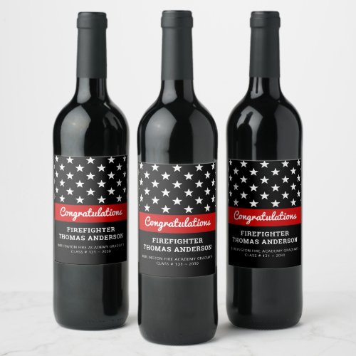 Firefighter Graduation Thin Red Line Party Wine Label - Add the finishing touch to your firefighter retirement or graduation party with these thin red line modern firefighter party wine label and party supplies. USA American flag design in firefighter flag colors, modern black red white design . This fire academy graduation collection will be a favorite. See our thin red line collection for matching firefighter retirement invitations, firefighter gifts, party favors, and supplies. COPYRIGHT © 2020 Judy Burrows, Black Dog Art - All Rights Reserved. Firefighter Graduation Thin Red Line Party Wine Label