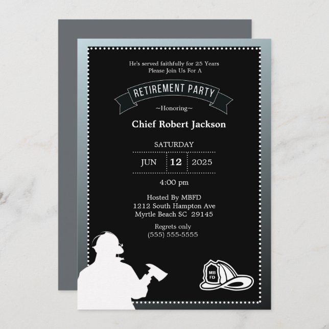 Firefighter Gray Black Retirement Party Invitation (Front/Back)