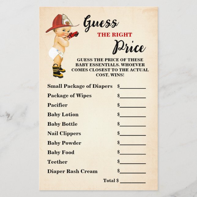 Firefighter Guess Right Price Baby Shower Game Flyer (Front)