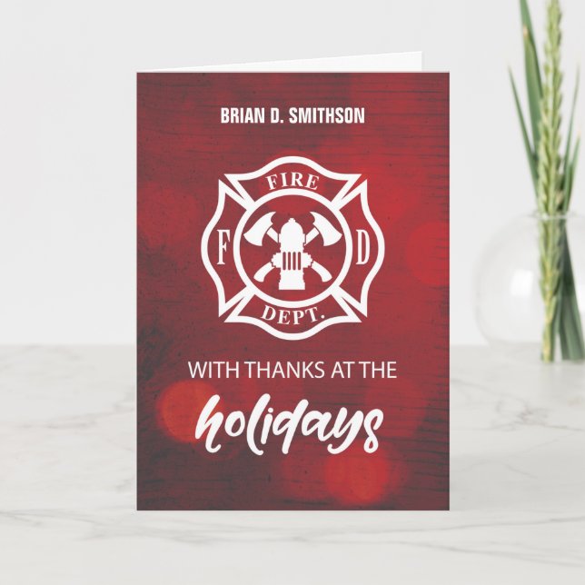 Firefighter Happy Holidays Thank You Emblem on Red Card (Front)