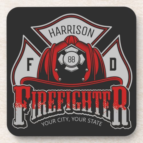 Firefighter Helmet ADD NAME Fire Department Rescue Beverage Coaster