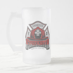 Firefighter Helmet ADD NAME Fire Department Rescue Frosted Glass Beer Mug