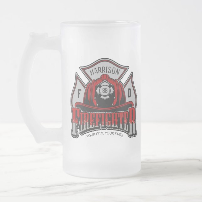 Firefighter Helmet ADD NAME Fire Department Rescue Frosted Glass Beer Mug (Left)