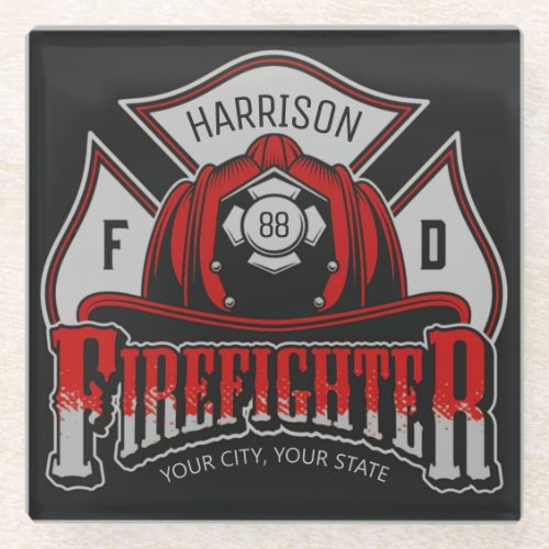 Firefighter Helmet ADD NAME Fire Department Rescue Glass Coaster