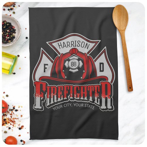 Firefighter Helmet ADD NAME Fire Department Rescue Kitchen Towel