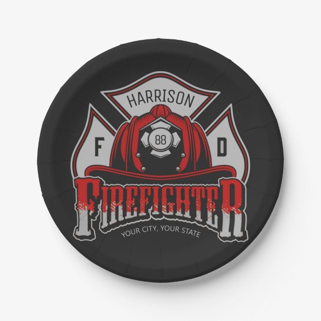 Firefighter Helmet ADD NAME Fire Department Rescue Paper Plates (Front)