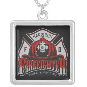 Firefighter Helmet ADD NAME Fire Department Rescue Silver Plated Necklace
