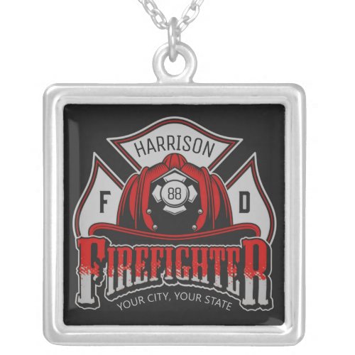 Firefighter Helmet ADD NAME Fire Department Rescue Silver Plated Necklace