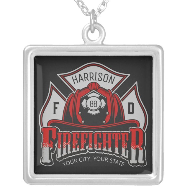 Firefighter Helmet ADD NAME Fire Department Rescue Silver Plated Necklace (Front)