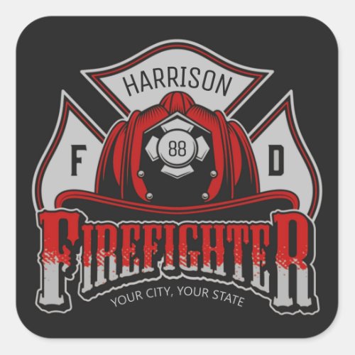 Firefighter Helmet ADD NAME Fire Department Rescue Square Sticker