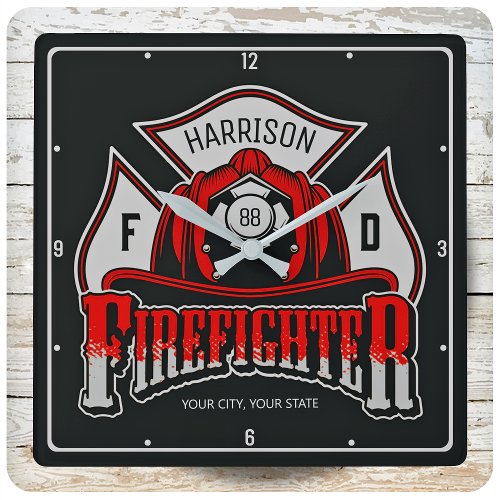 Firefighter Helmet ADD NAME Fire Department Rescue Square Wall Clock
