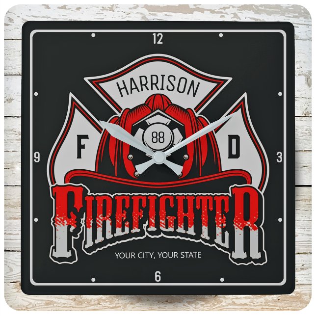 Firefighter Helmet ADD NAME Fire Department Rescue Square Wall Clock (Creator Uploaded)