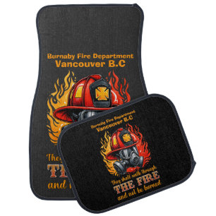 Firefighter helmet amid flames car floor mat