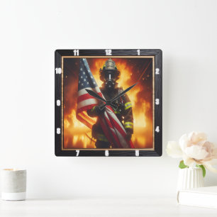 Firefighter Hero American Flag Protection Square Wall Clock