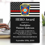 Firefighter HERO Award Thin Red Line Plaque<br><div class="desc">Celebrate and show your appreciation to an outstanding Firefighter with this Thin Red Line Firefighter HERO Award - American flag design in Firefighter Flag colors , modern black red design with custom fire department logo. Personalize this firefighter award with fireman name, text with fire department name, logo and community, and...</div>