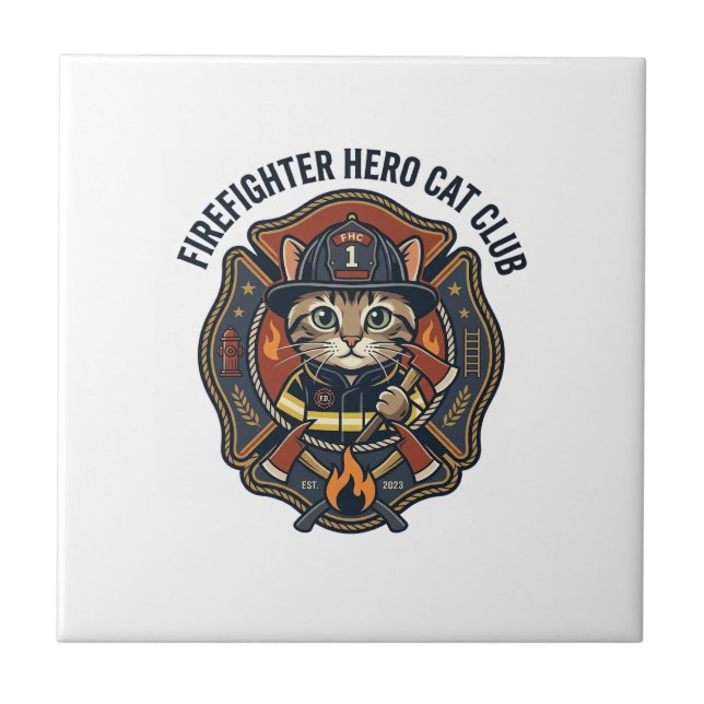 Firefighter Hero Cat Cat Graphic Tee Art - Firefig Ceramic Tile (Front)