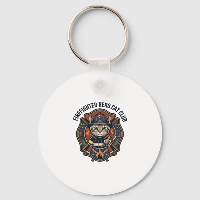 Firefighter Hero Cat Cat Graphic Tee Art - Firefig Keychain (Front)