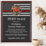 Firefighter HERO Custom Logo Thin Red Line Award Plaque<br><div class="desc">Celebrate and show your appreciation to an outstanding Firefighter with this Thin Red Line Firefighter HERO Award - American flag design in Firefighter Flag colors , modern black red design with custom fire department logo. Personalize this firefighter award with fireman name, text with fire department name, logo and community, and...</div>