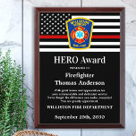 Firefighter HERO Department Logo Thin Red Line Award Plaque<br><div class="desc">Celebrate and show your appreciation to an outstanding Firefighter with this Thin Red Line Firefighter HERO Award - American flag design in Firefighter Flag colors , modern black red design with custom fire department logo. Personalize this firefighter award with fireman name, text with fire department name, logo and community, and...</div>