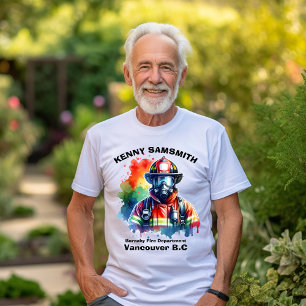 Firefighter in action, colorful backdrop T-Shirt