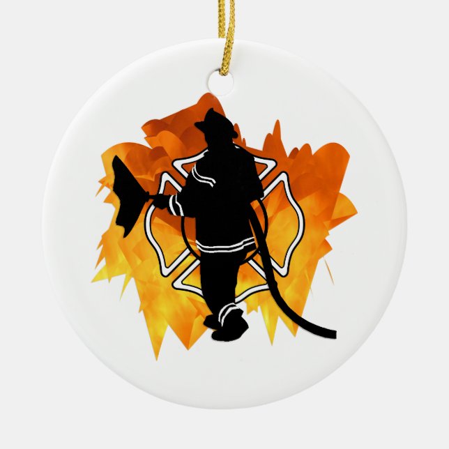 Firefighter IN Flames Ceramic Ornament (Front)