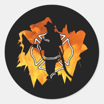 Firefighter In Flames Classic Round Sticker by bonfirefirefighters at Zazzle