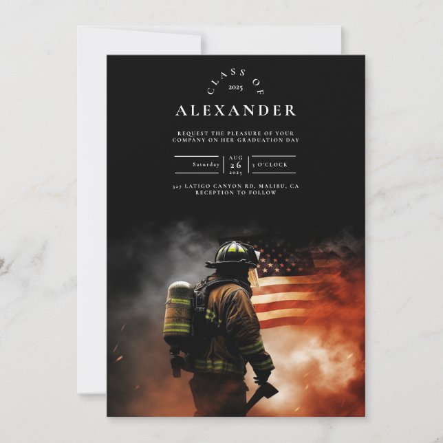 Firefighter in Smoke American Flag Graduation Invitation (Front)