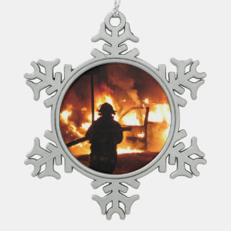 Firefighter In The Flames Snowflake Pewter Christmas Ornament