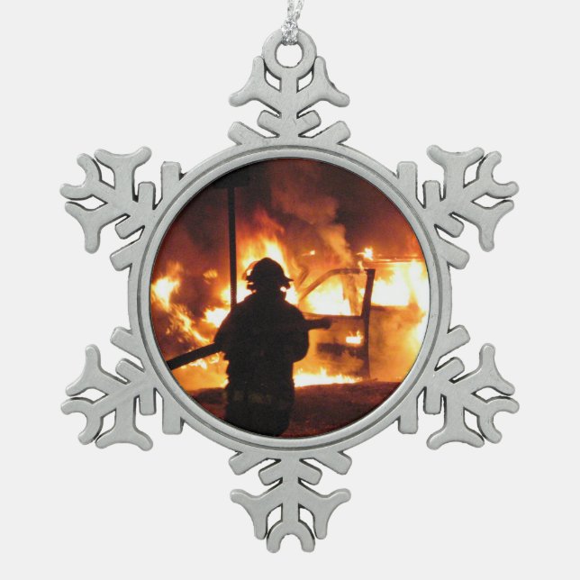 Firefighter In The Flames Snowflake Pewter Christmas Ornament (Front)