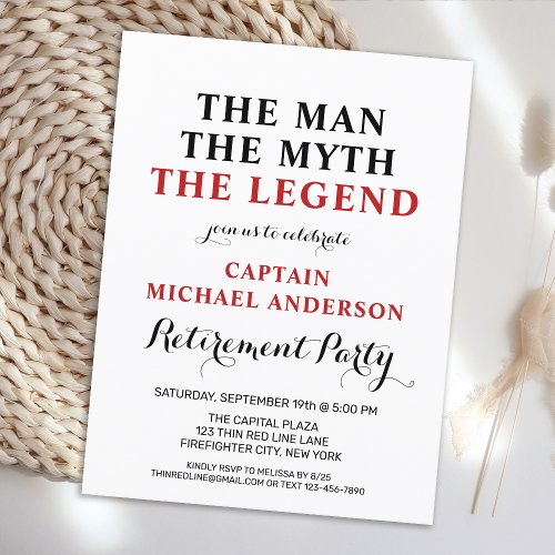 Firefighter Legend Thin Red Line Retirement Party Invitation Postcard