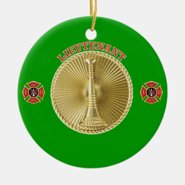 Firefighter Lieutenant’s Gold Bugle Medallion Ceramic Ornament (Front)