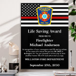 Firefighter Life Saving Award Department Logo Acrylic Print<br><div class="desc">Celebrate and show your appreciation to an outstanding Firefighter with this Thin Red Line Firefighter Life Saving Award - American flag design in Firefighter Flag colors , modern black red design with custom fire department logo. Personalize this firefighter award with fireman name, text with fire department name, logo and community,...</div>