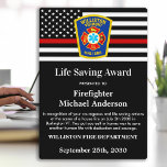 Firefighter Life Saving Award Thin Red Line Plaque<br><div class="desc">Celebrate and show your appreciation to an outstanding Firefighter with this Thin Red Line Firefighter Life Saving Award - American flag design in Firefighter Flag colors , modern black red design with custom fire department logo. Personalize this firefighter award with fireman name, text with fire department name, logo and community,...</div>