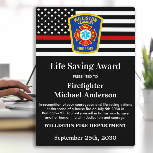 Firefighter Life Saving Award Thin Red Line Plaque