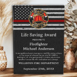 Firefighter Life Saving Custom Logo Thin Red Line  Acrylic Award<br><div class="desc">Celebrate and show your appreciation to an outstanding Firefighter with this Thin Red Line Firefighter Life Saving Award - American flag design in Firefighter Flag colors , modern black red design with custom fire department logo. Personalize this firefighter award with fireman name, text with fire department name, logo and community,...</div>