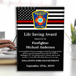 Firefighter Life Saving Department Custom Logo Acrylic Award<br><div class="desc">Celebrate and show your appreciation to an outstanding Firefighter with this Thin Red Line Firefighter Life Saving Award - American flag design in Firefighter Flag colors , modern black red design with custom fire department logo. Personalize this firefighter award with fireman name, text with fire department name, logo and community,...</div>
