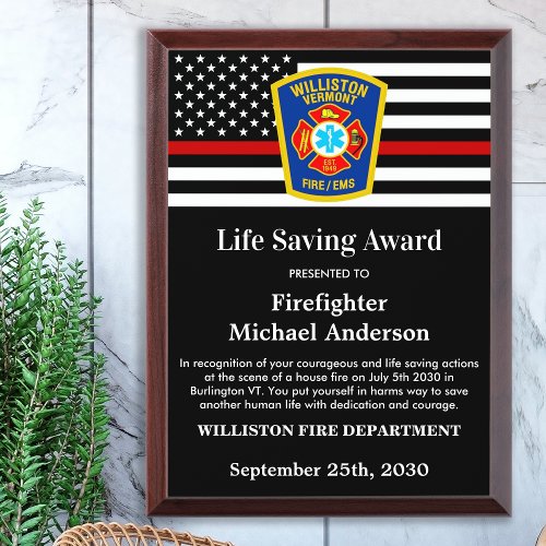 Firefighter Life Saving Thin Red Line Fireman Award Plaque