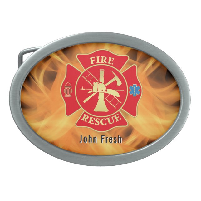 Firefighter Maltese Cross Fire Rescue Fire Flame Belt Buckle (Front)