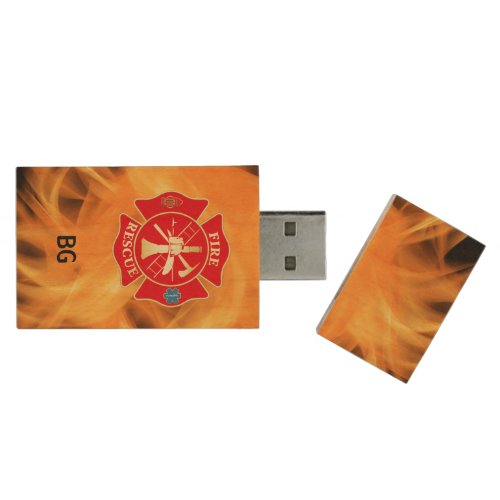 Firefighter Maltese Cross Fire Rescue Fire Wood Flash Drive