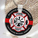 Firefighter Maltese Cross Personalized Fireman Keychain<br><div class="desc">Personalized Thin Red Line Maltese Cross Firefighter Keychain - modern black red and silver design . Personalize with fire departments, firefighter name, or your text. This personalized firefighter keychain is perfect for fire departments, fire service, or as a memorial keepsake, christmas gifts or stocking stuffers. COPYRIGHT © 2020 Judy Burrows,...</div>