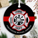 Firefighter Maltese Cross Personalized Fireman Metal Ornament<br><div class="desc">Personalized Thin Red Line Maltese Cross Firefighter Ornament - modern black red and silver design . Personalize with fire departments, firefighter name, or your text. This personalized firefighter ornament is perfect for fire departments, fire service, or as a memorial keepsake, christmas gifts or stocking stuffers. Order these firefighter ornaments bulk...</div>