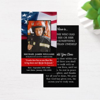 Firefighter Memorial American Flag Prayer Card 