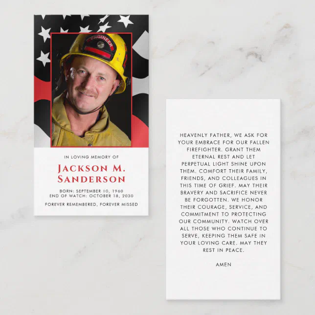 Firefighter Memorial Red Line Photo Prayer Card | Zazzle