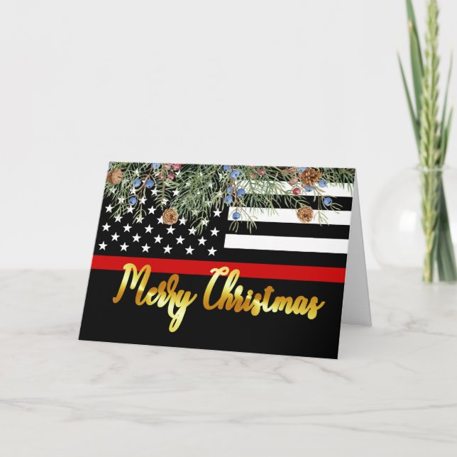 Firefighter Merry Christmas Fireman Thin Red Line Holiday Card (Front)