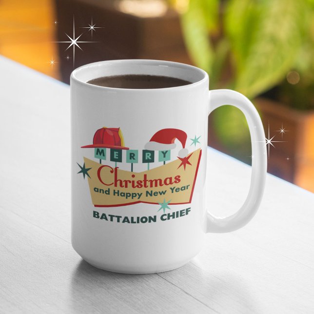 Firefighter Merry Christmas Happy New Year Retro Coffee Mug (Personalize with your title, name, agency or fire department name, etc.  Thank you for your service!)