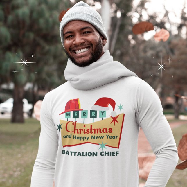 Firefighter Merry Christmas Happy New Year Retro T-Shirt (Personalize with your position, title, name of fire department etc.  )