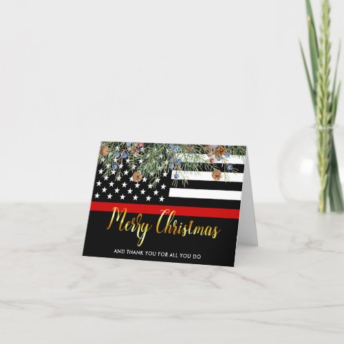 Firefighter Merry Christmas Red Flag Thank You  Holiday Card