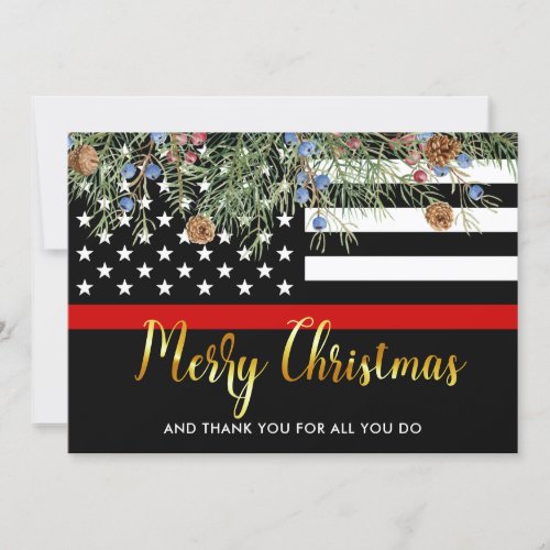 Firefighter Merry Christmas Red Line Thank You Holiday Card