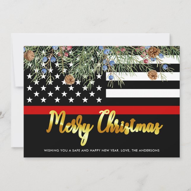 Firefighter Merry Christmas Thin Red Line Holiday Card (Front)